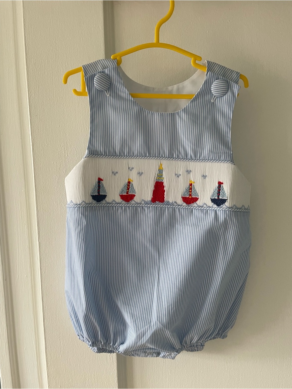 NWOT STITCHY FISH Blue Striped Nautical Baby Romper with Sailboat Smocking